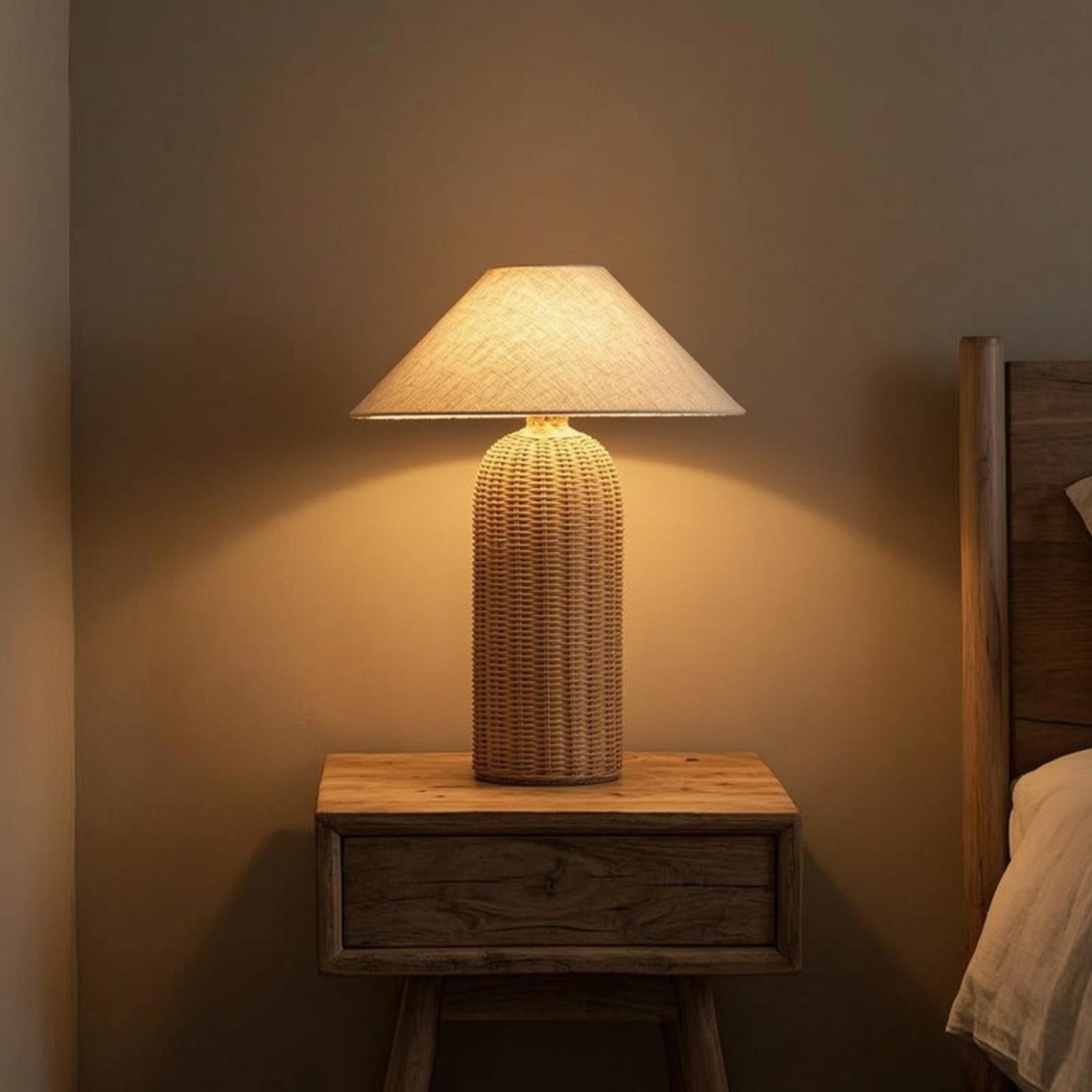 Lighting Decor - مصباح طاولة جانبي بقاعدة من الروطان